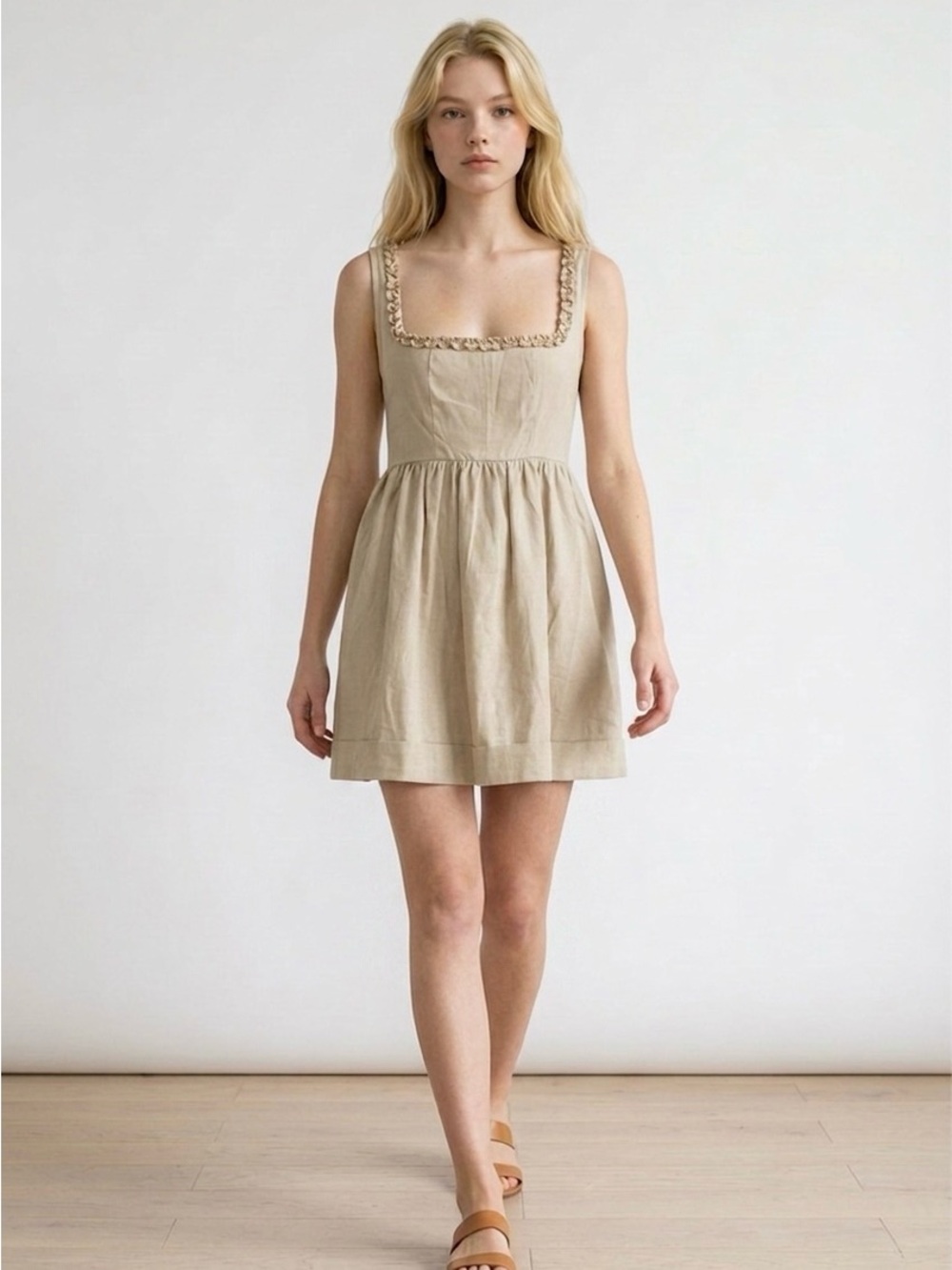 SHEIN Beige Square-Neck Braided Strap Mini Dress